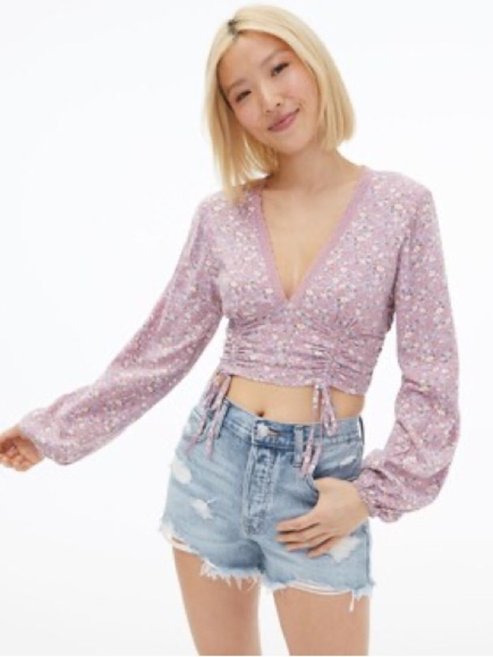 Aeropostale Long Sleeve Floral Double-Cinch V-Neck Crop Top